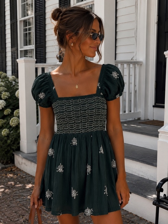 Free People Dresses & Skirts - Free People Green Embroidered Smocked Babydoll Mini Dress Cotton Small